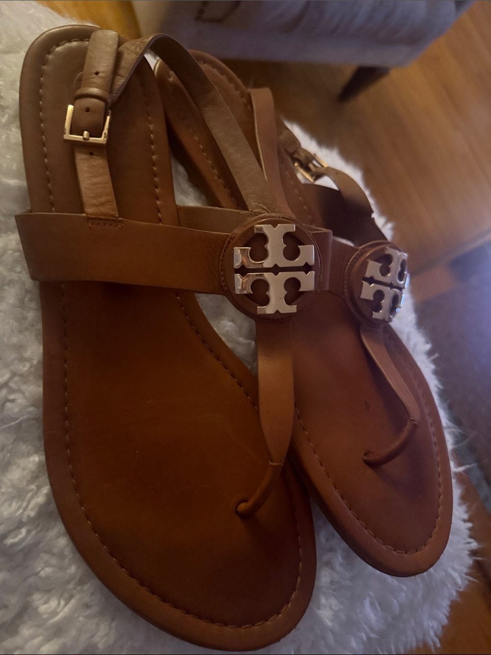 Tory Burch Tan Leather Logo Thong Sandals with Gold-Tone Emblem